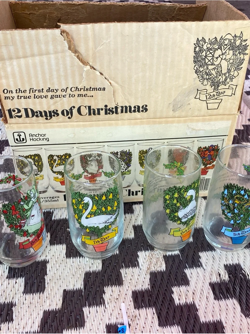 Anchor Hocking 12 Days of Christmas Holiday Glasses - Set with Box
